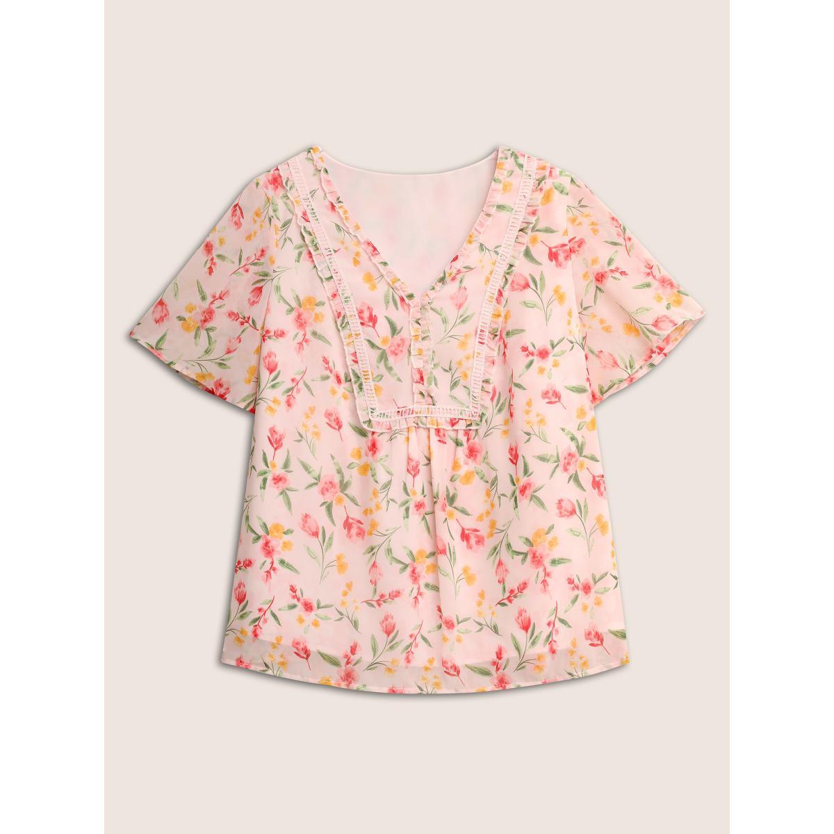 Plus Size MistyRose Chiffon Watercolor Floral Woven Ribbon Frill Trim Blouse Women Elegant Short sleeve V-neck Everyday Blouses BloomChic 28/5X Product Image