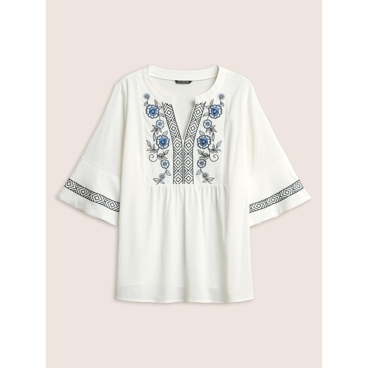 Plus Size Ivory Boho Print Embroidered Gathered Notched Blouse Women Resort Half Sleeve Flat collar with V-notch Vacation Blouses BloomChic 28/5X Product Image