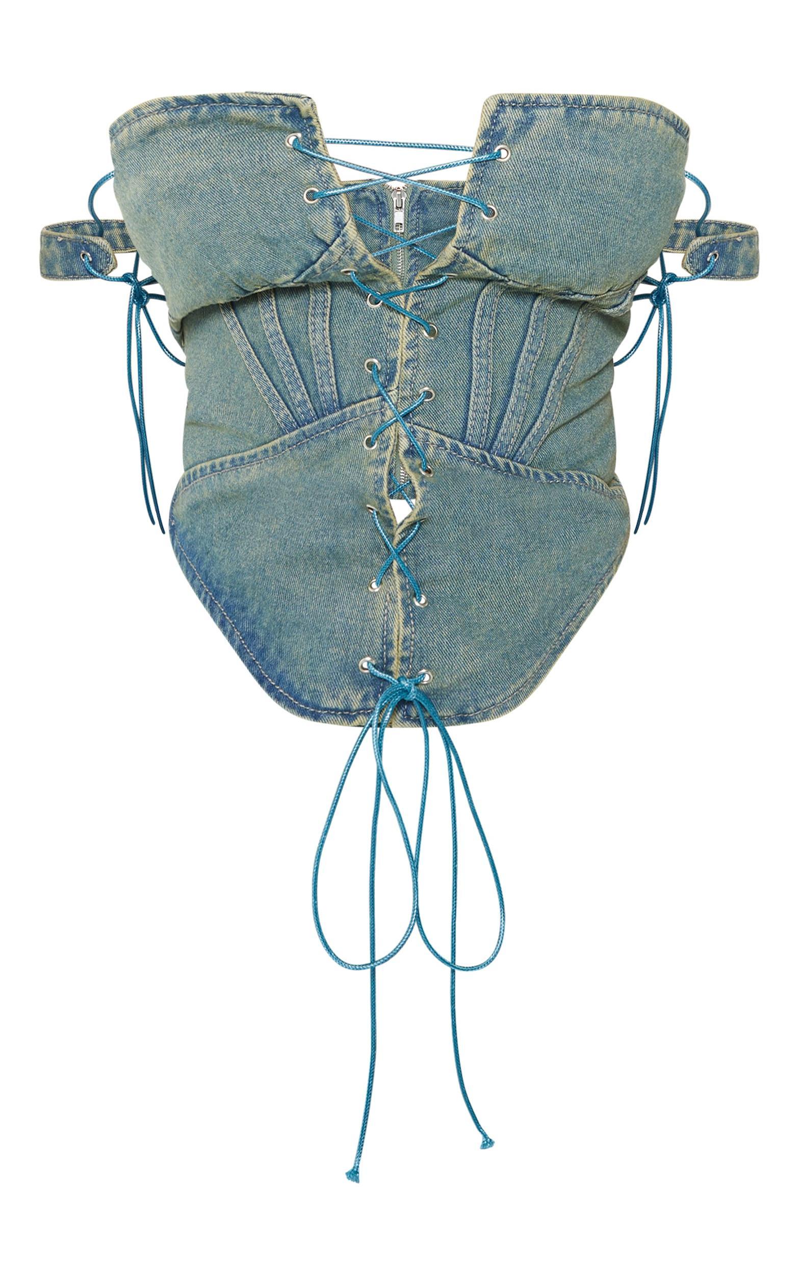 Shape Vintage Wash Denim Lace Up Front Corset Product Image