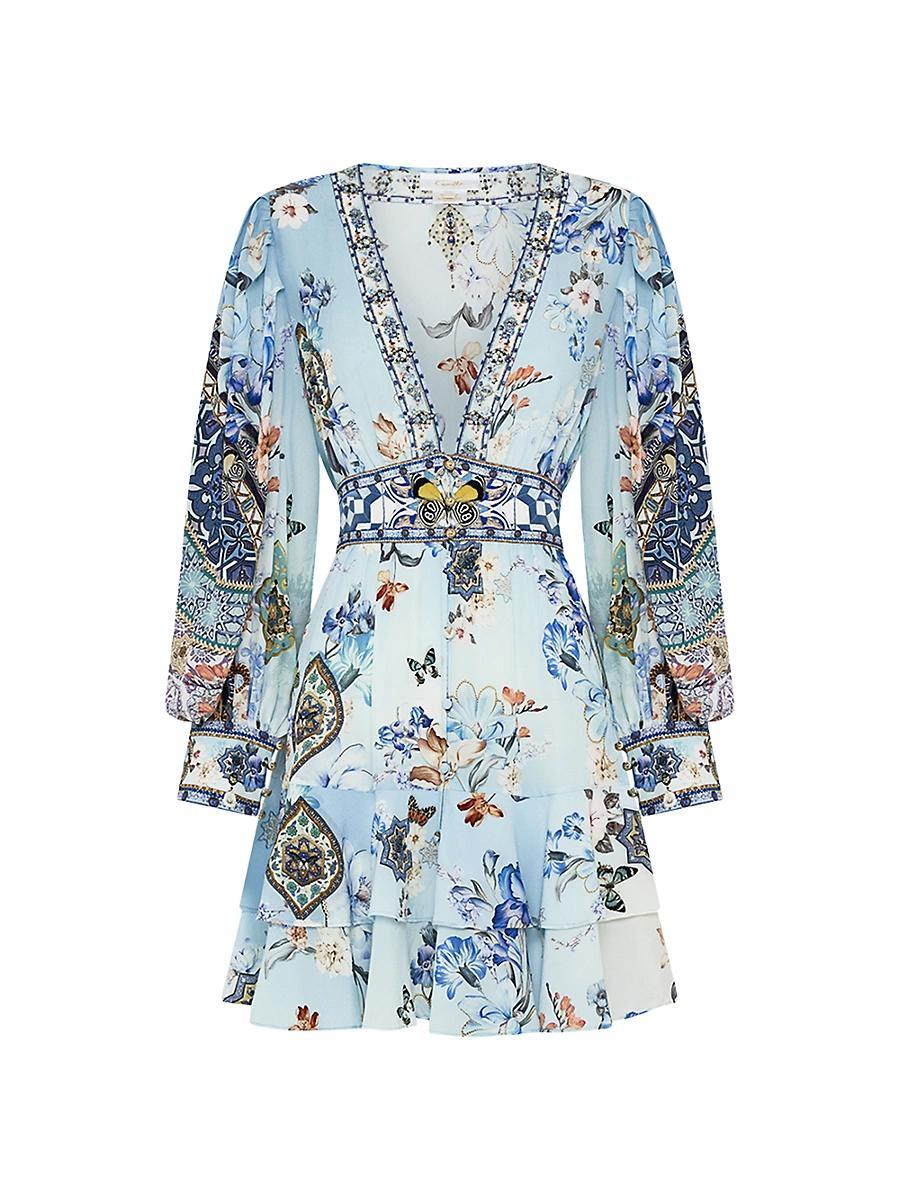 Womens Printed Silk Frill Minidress Product Image