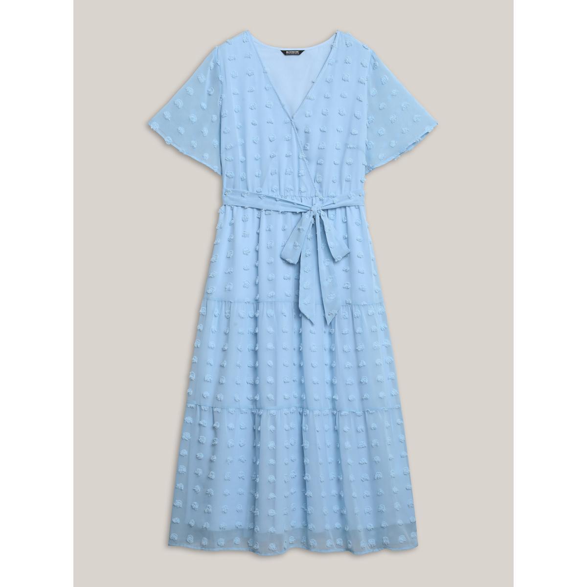 Plus Size Fur Ball Textured Mesh Belted Midi Dress Skyblue Women Overlap Collar Short sleeve Curvy BloomChic 14-16/1X Product Image