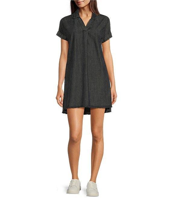Reba V-Neck Short Cap Sleeve Frayed Hem Chambray Shift Dress Product Image