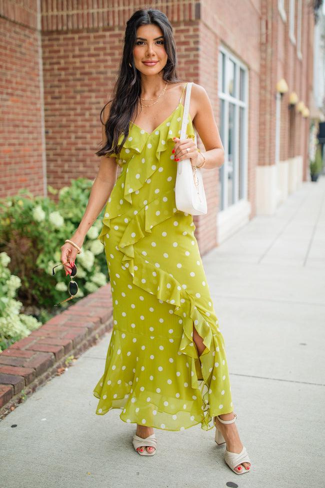 On The Spot Kiwi Ruffle Detail Polka Dot Midi Dress FINAL SALE Product Image