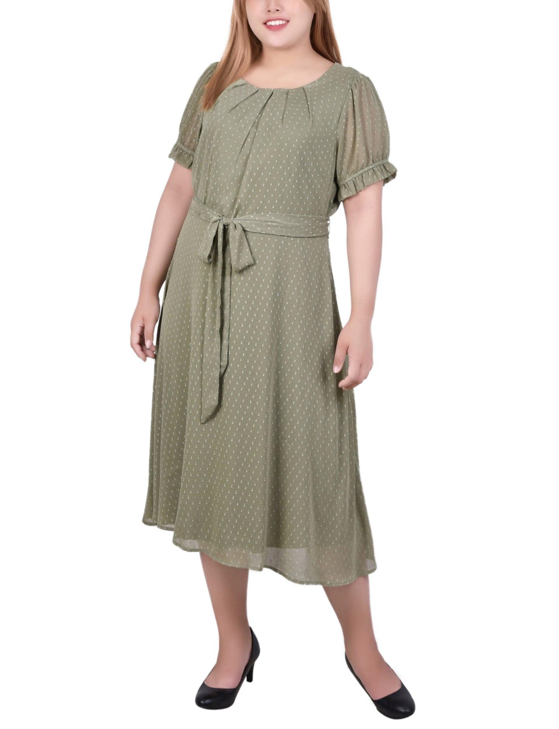 Spiced Coral Rectangle Short Sleeve Belted Swiss Dot Dress - Plus Product Image