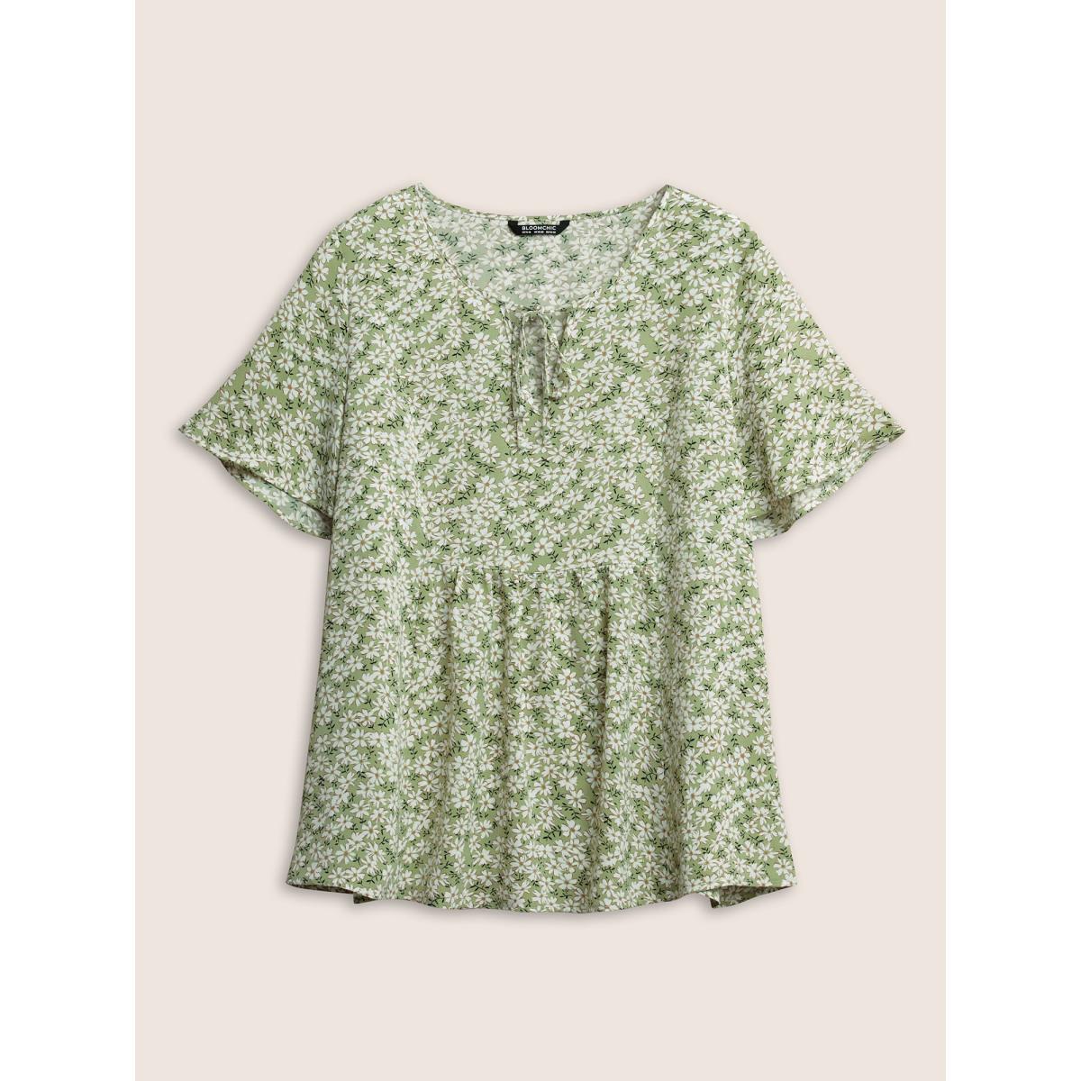 Plus Size Sage Ditsy Floral Ruffle Sleeve Gathered Ties Blouse Women Elegant Short sleeve Ribbon-tied collar Everyday Blouses BloomChic 26/4X Product Image