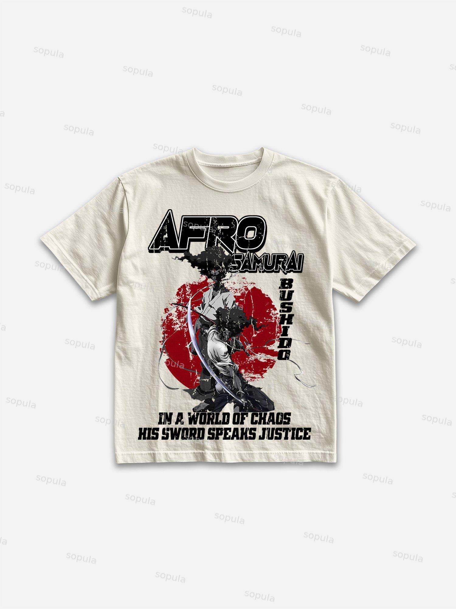 Afro Samura Print Cotton T-shirt Product Image