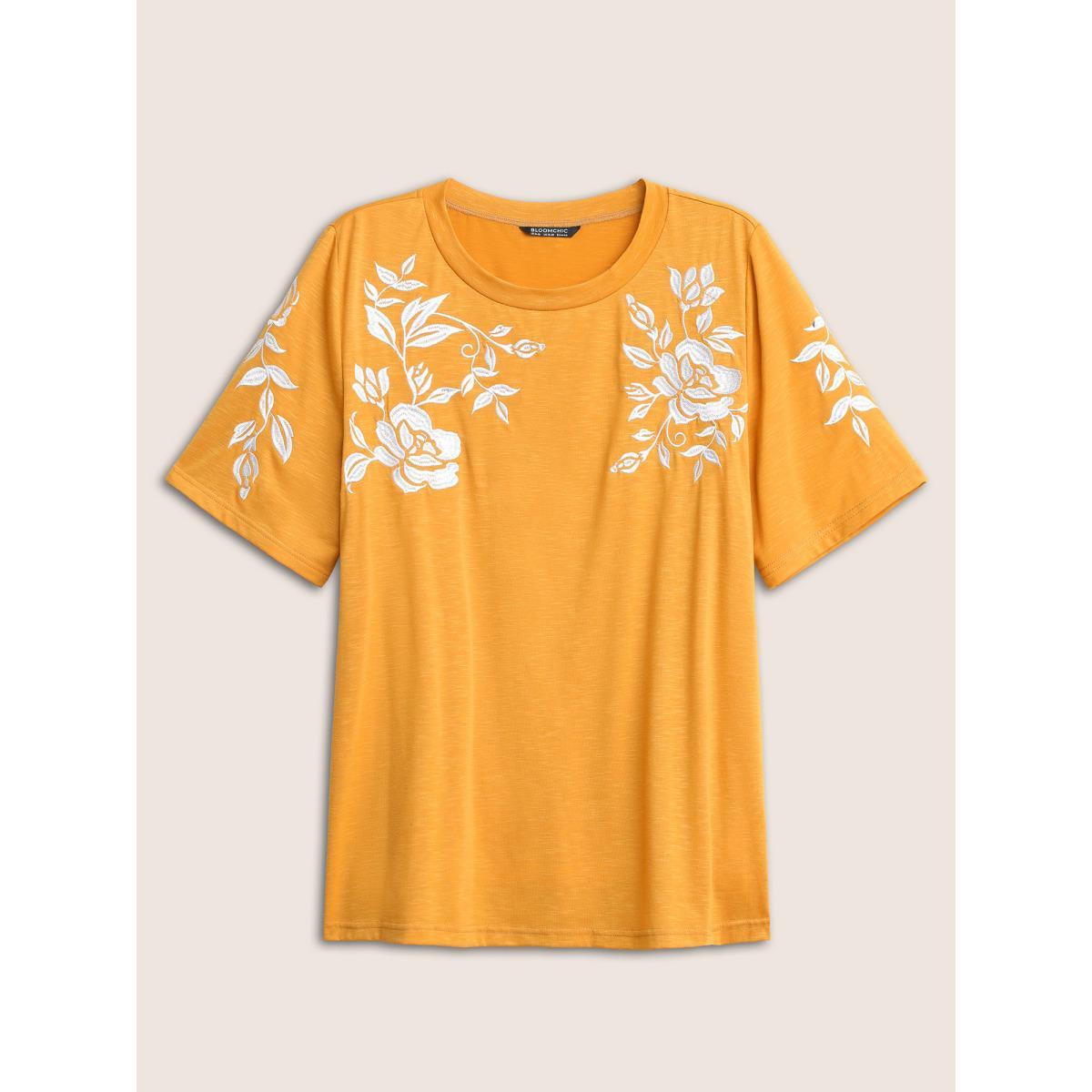 Plus Size Floral Embroidered Contrast Round Neck T-shirt Yellow Women Resort Contrast Floral Round Neck Vacation T-shirts BloomChic 30/6X Product Image