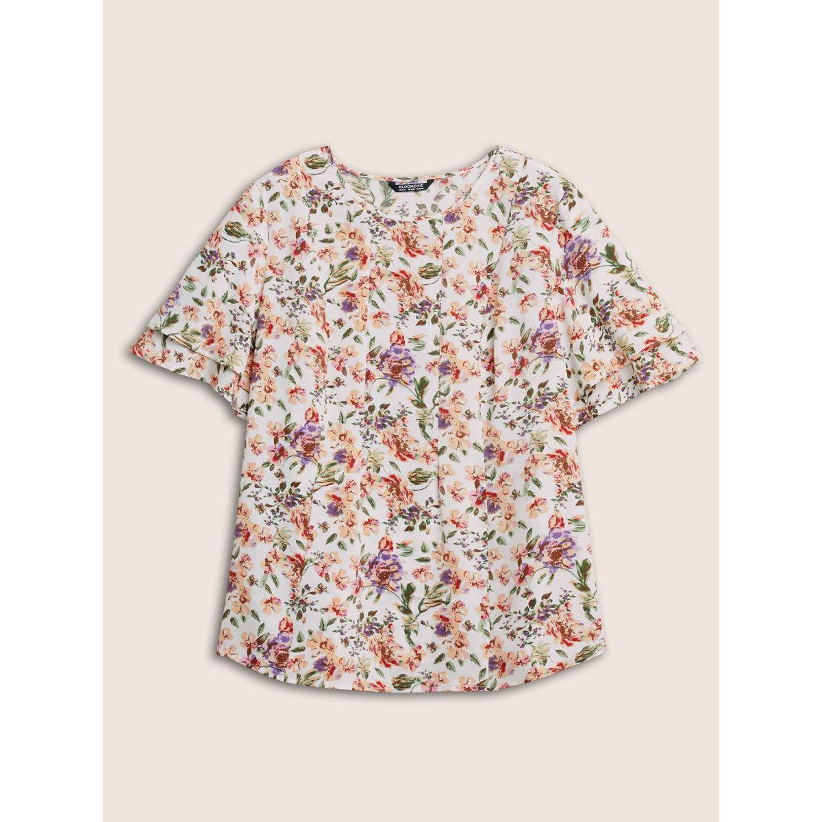 Plus Size Ivory Floral Print Tiered Flutter Sleeve Blouse Women Elegant Half Sleeve Round Neck Everyday Blouses BloomChic 22-24/3X Product Image