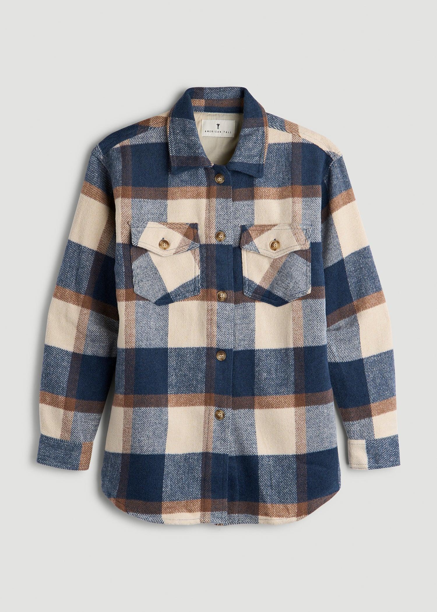 Flannel Women's Tall Shacket in Cream and Denim Blue Paid Product Image