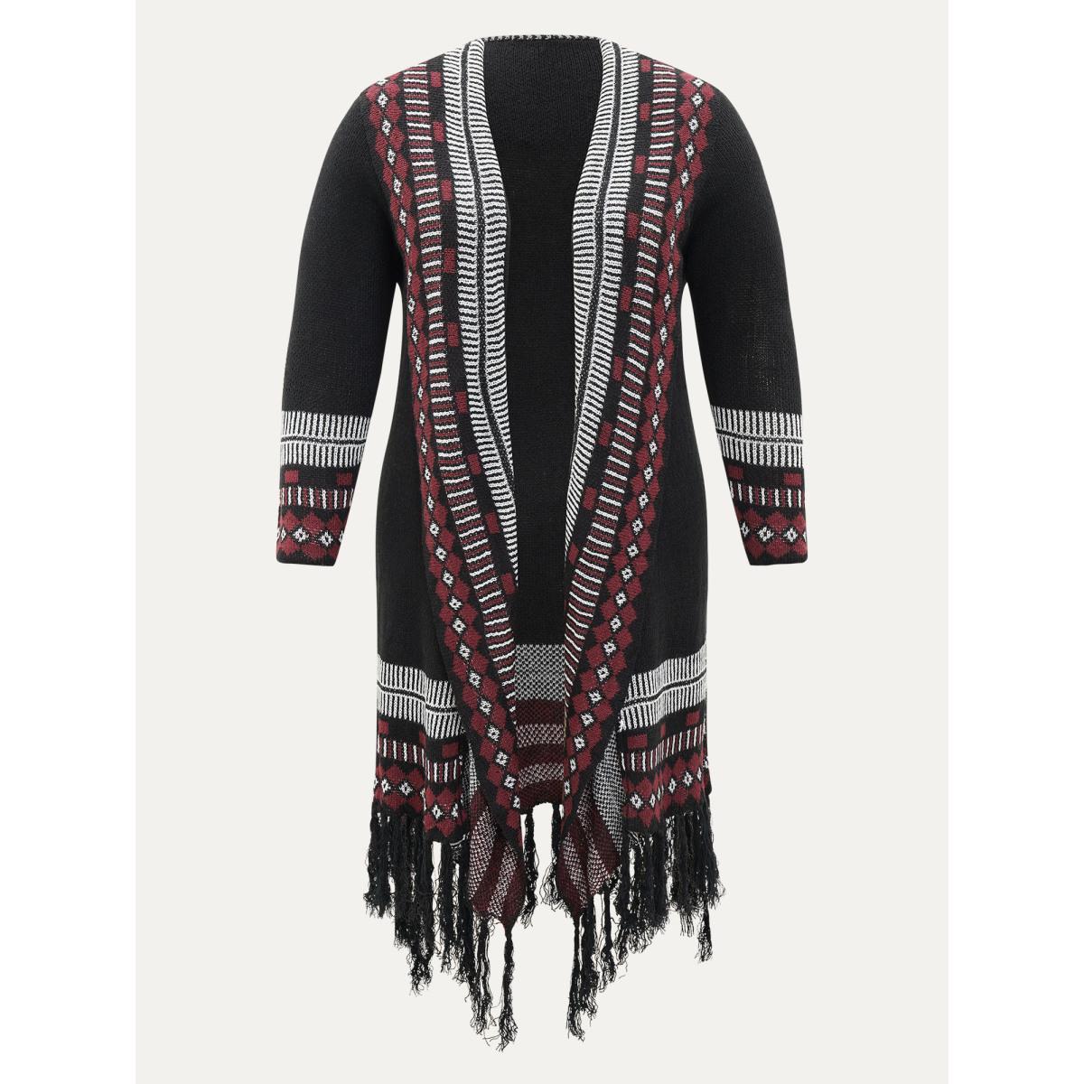 Plus Size Bandana Print Fringe Trim Maxi Cardigan Burgundy Women Casual Long Sleeve Everyday Cardigans BloomChic 10/M Product Image