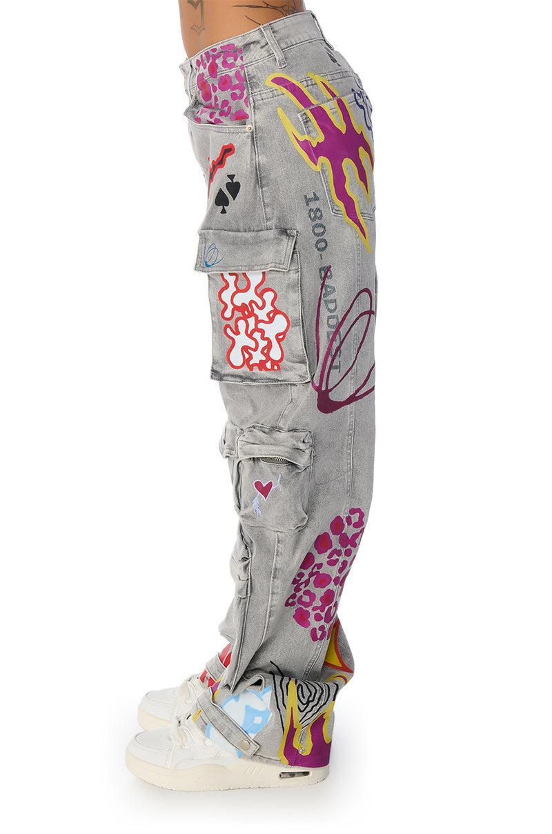 GRAFFITI DETAIL RELAXED LEG CARGO JEANS Product Image