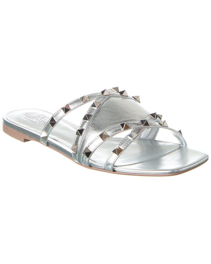 VALENTINO GARAVANI Valentino Rockstud Leather Sandal In Silver Product Image