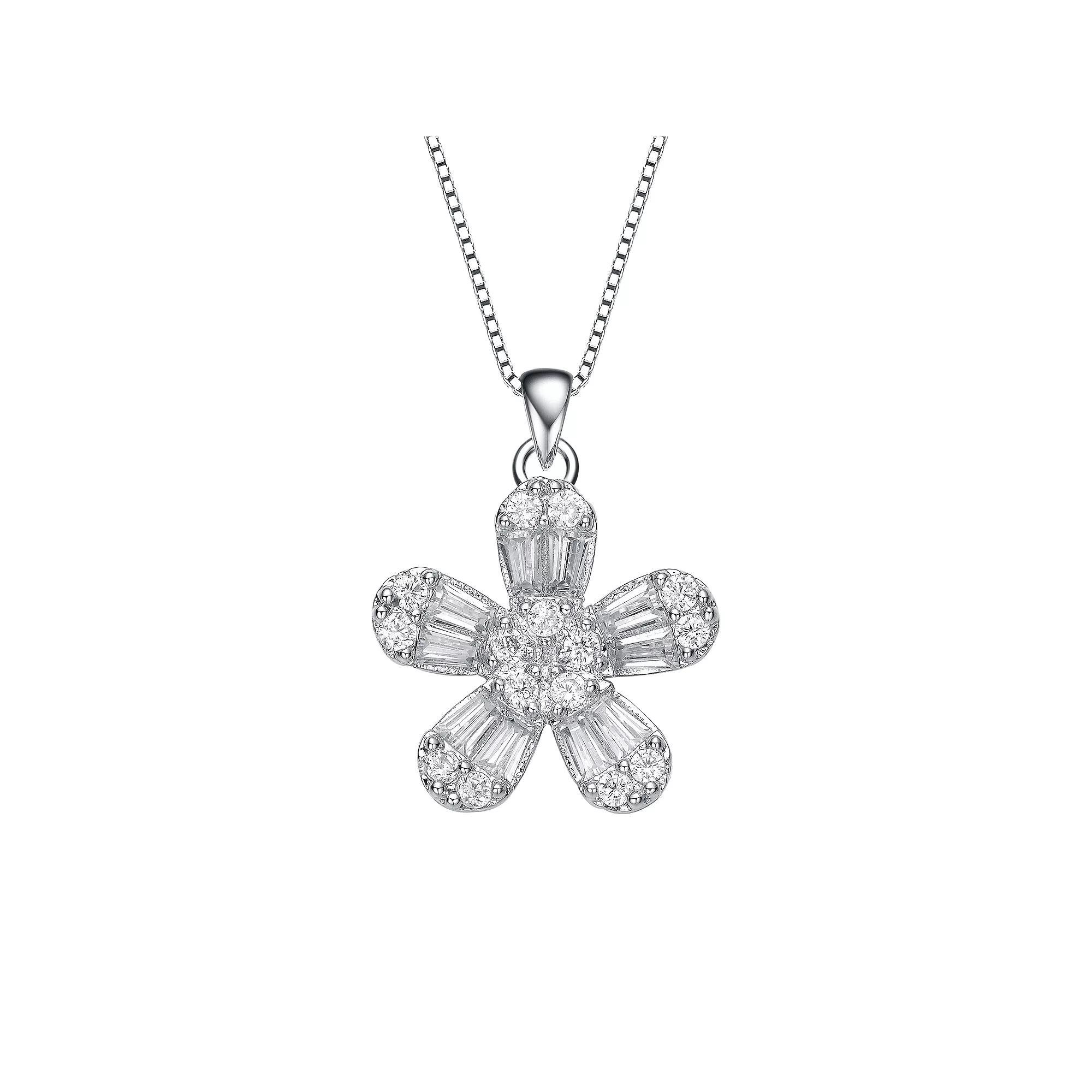 Sterling Silver Cubic Zirconia Flower Pendant Necklace, Womens Product Image