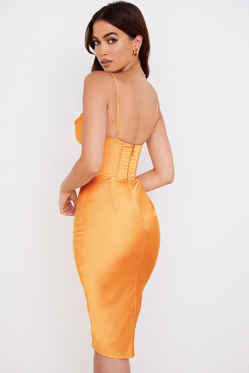 Myrna  tangerine satin corset midi dress - sale Product Image