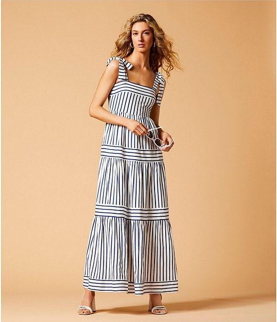 A Loves A Striped Sleeveless Tie Shoulder Smocked Back Tiered Maxi Dress Product Image