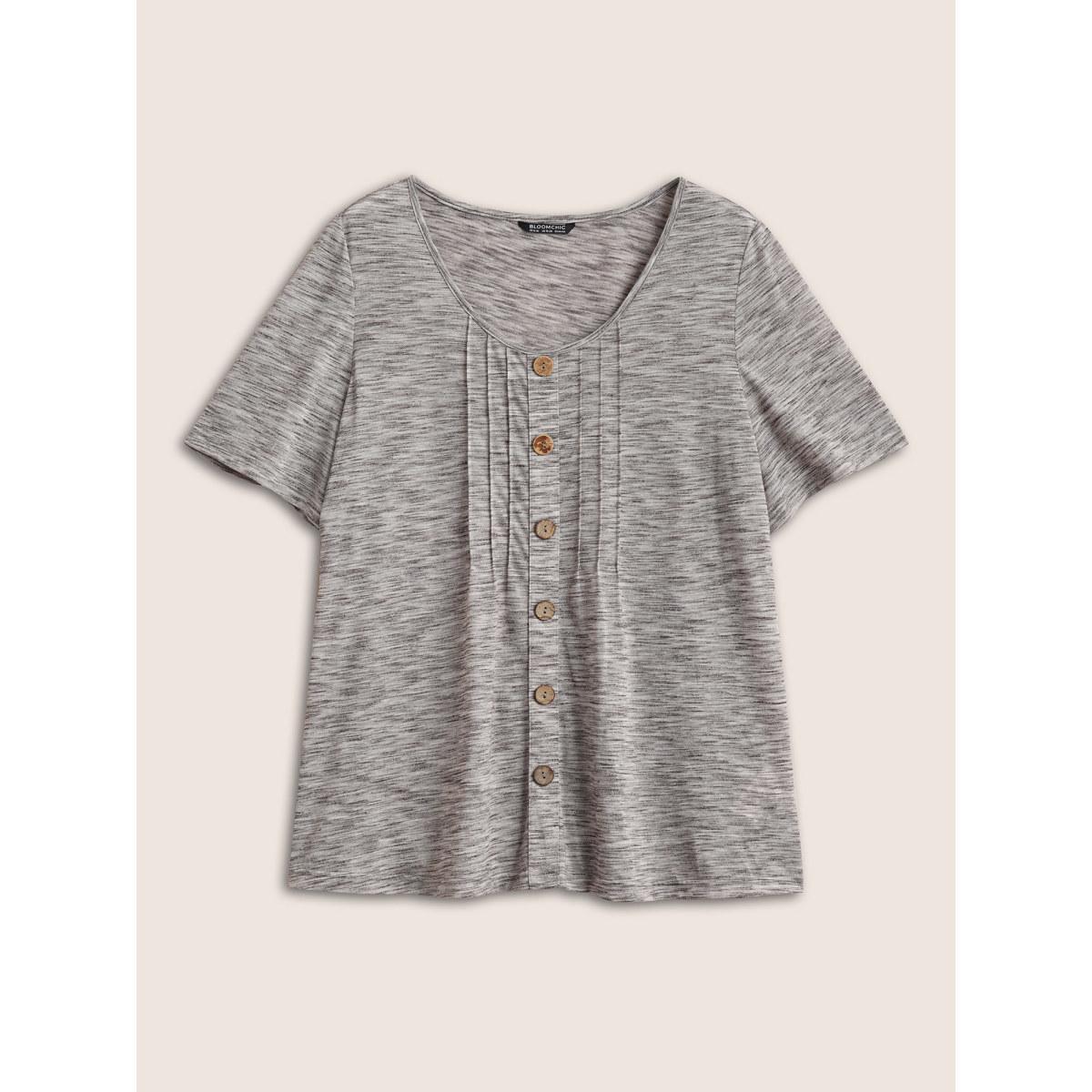 Plus Size Round Neck Heather Pleated Button Detail T-shirt LightGray Women Casual Button Plain Round Neck Everyday T-shirts BloomChic 22-24/3X Product Image