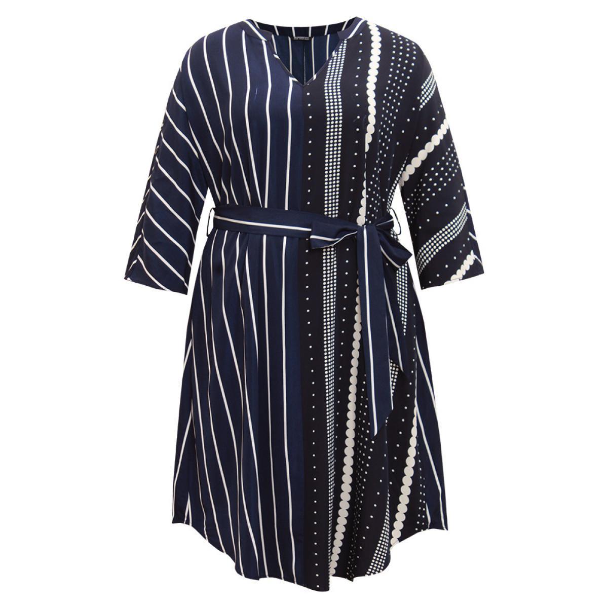 Plus Size Striped Patchwork Polka Dot Belted Notched Dress DarkBlue Women Office Belted Notched collar Elbow-length sleeve Curvy Midi Dress BloomChic 10/M Product Image