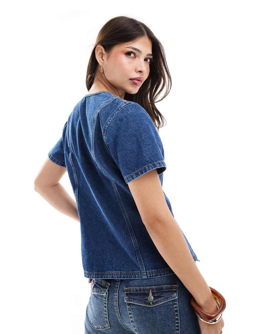 ASOS DESIGN denim button up short sleeve top in dark indigo Product Image