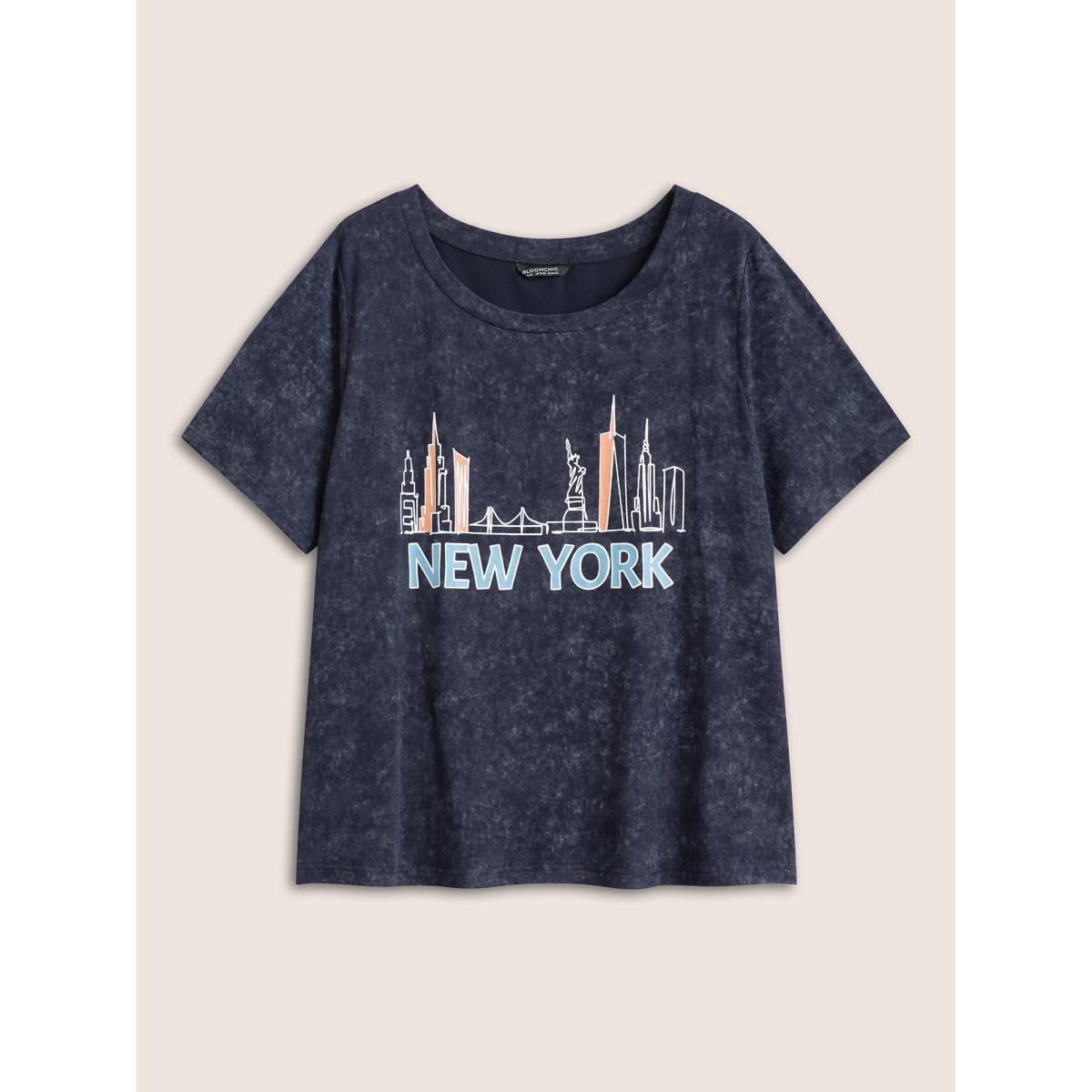 Plus Size Vintage City Print Crew Neck T-shirt Indigo Women Casual Non Area Everyday T-shirts BloomChic 14-16/1X Product Image