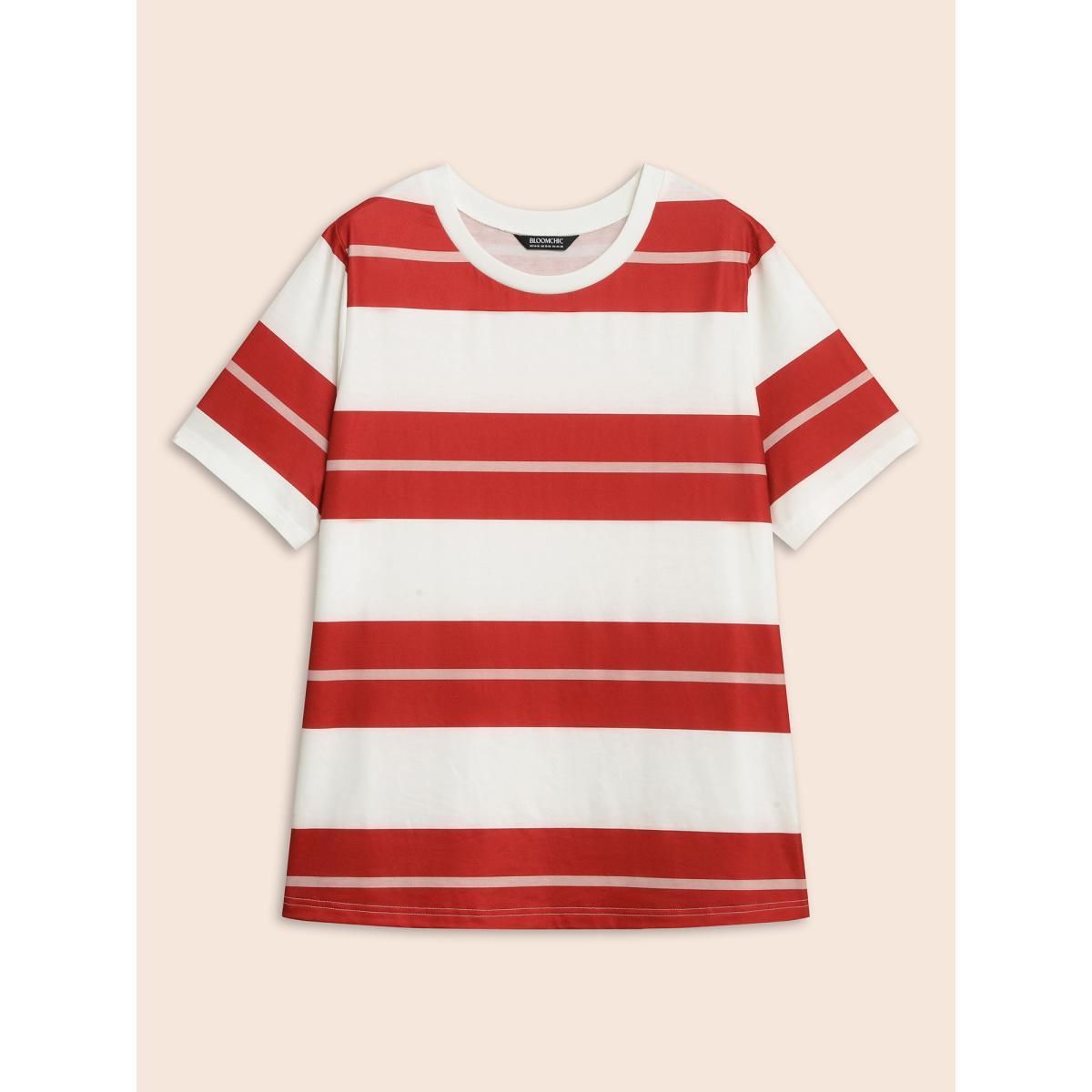 Plus Size Crew Neck Contrast Striped T-shirt Multicolor Women Casual Contrast Round Neck Everyday T-shirts BloomChic 12/L Product Image