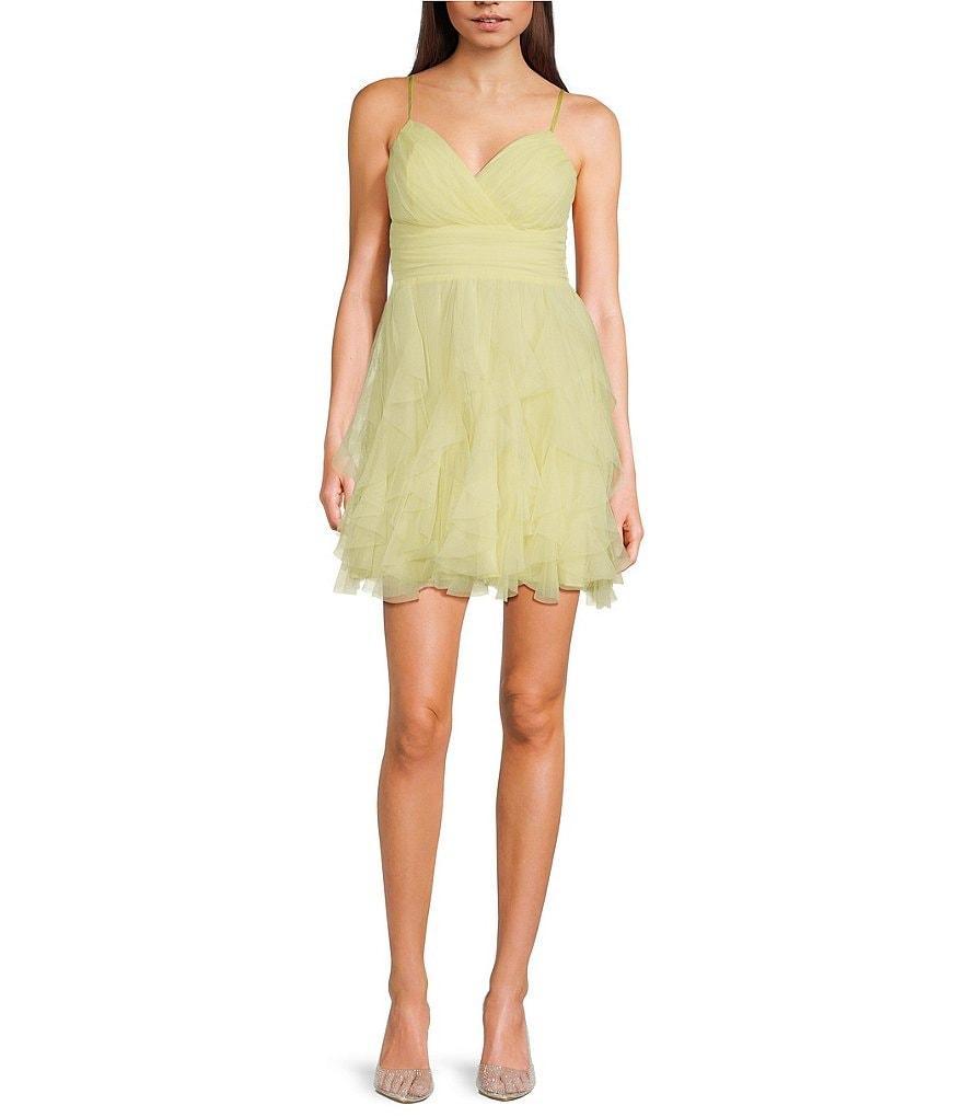 Pear Culture V-Neck Lace-Up Back Mesh Ruffle Dress Product Image