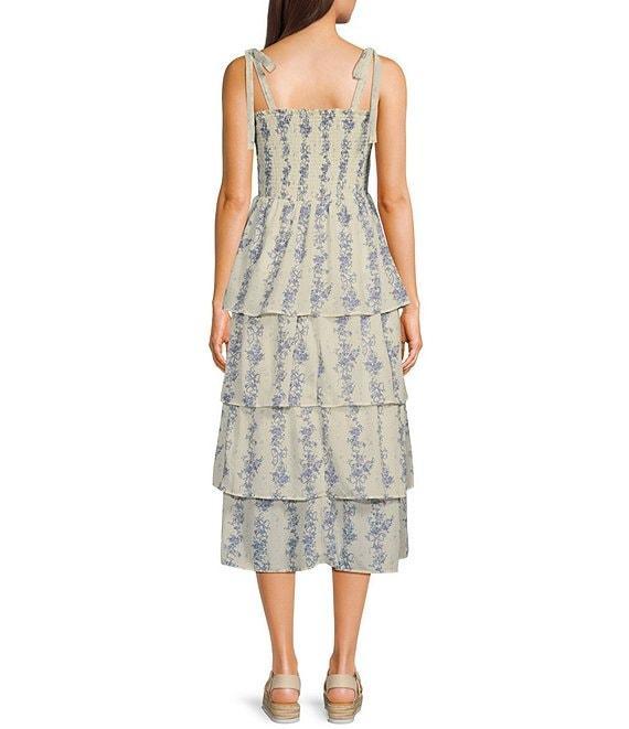 Midnight Doll Floral Print Square Neck Tie Strap Smocked Bodice Tiered Midi Dress Product Image