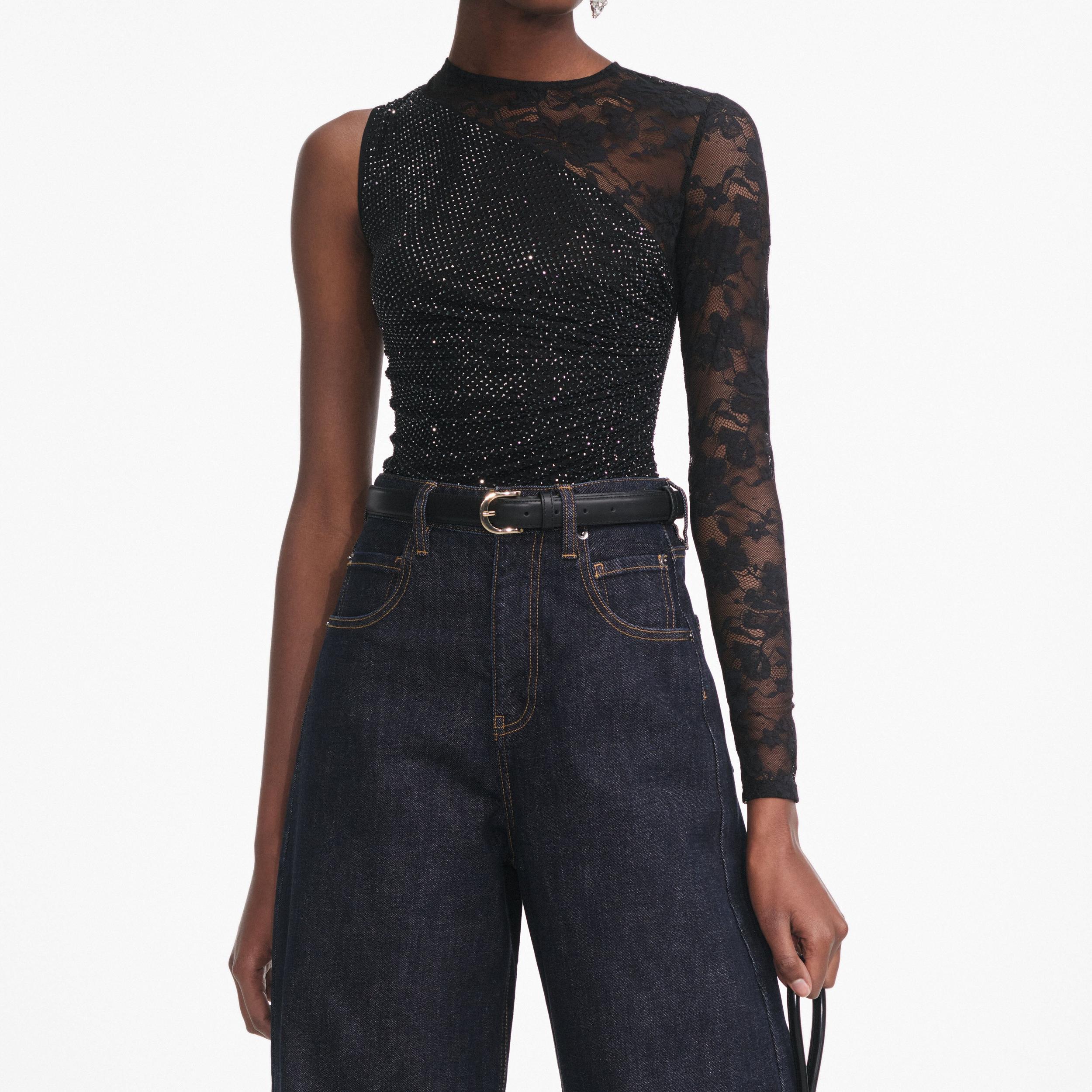 Black Rhinestone Lace Sleeve Top Product Image