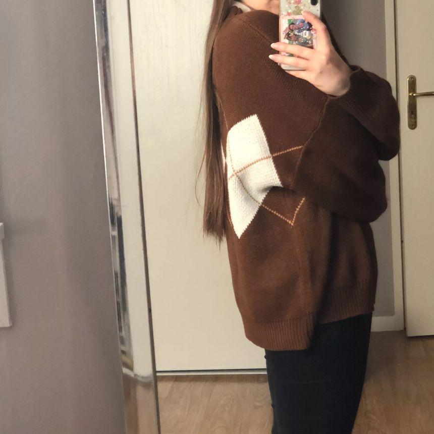 Crew-Neck Argyle Oversized Sweater Product Image