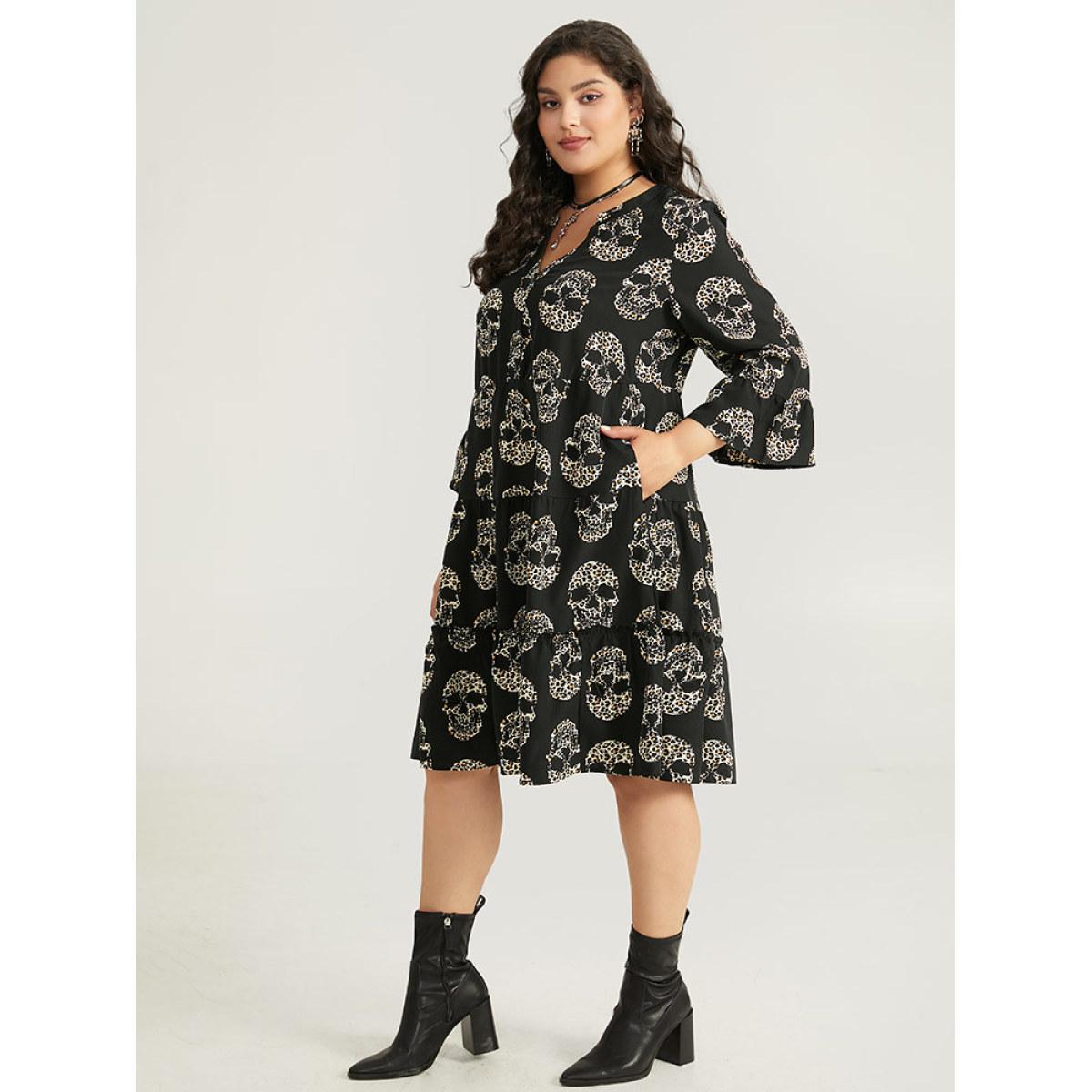 Plus Size Halloween Skull Print Notched Flutter Dress Black Women Office Gathered Notched collar Elbow-length sleeve Curvy Midi Dress BloomChic 22-24/3X Product Image