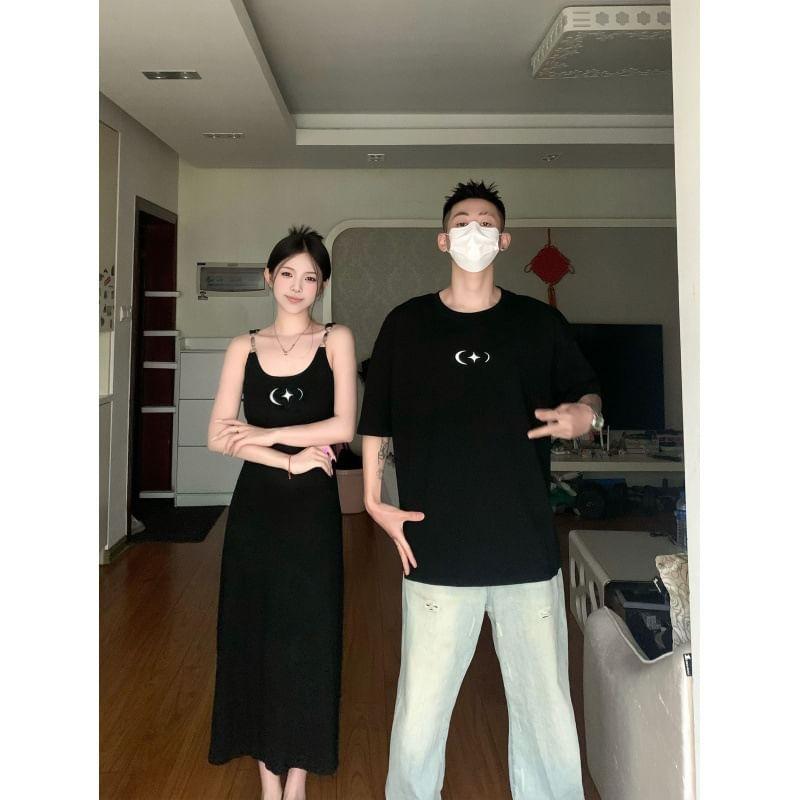 Couple Matching Sleeveless Scoop Neck Star Print Buckled Midi A-Line Dress / Elbow-Sleeve Crew Neck T-Shirt Product Image
