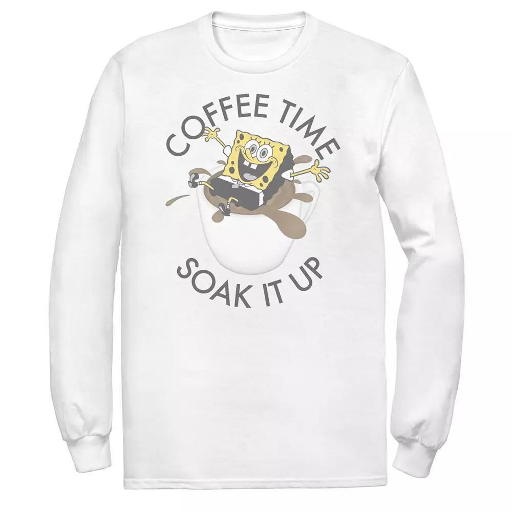 Men's Spongebob Coffee Time Soak It Up Portrait Long Sleeve Tee, Size: 3XL, White Product Image