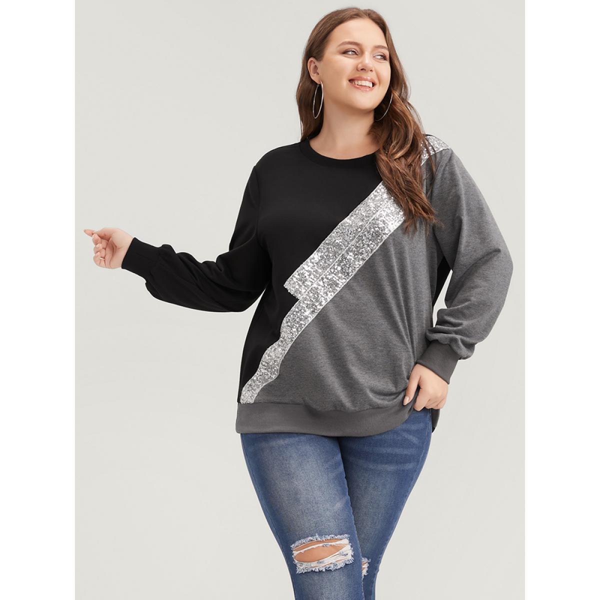 Plus Size Colorblock Contrast Sequin Drop Shoulder Sweatshirt Women DimGray Casual Contrast Round Neck Dailywear Sweatshirts BloomChic 26/4X Product Image
