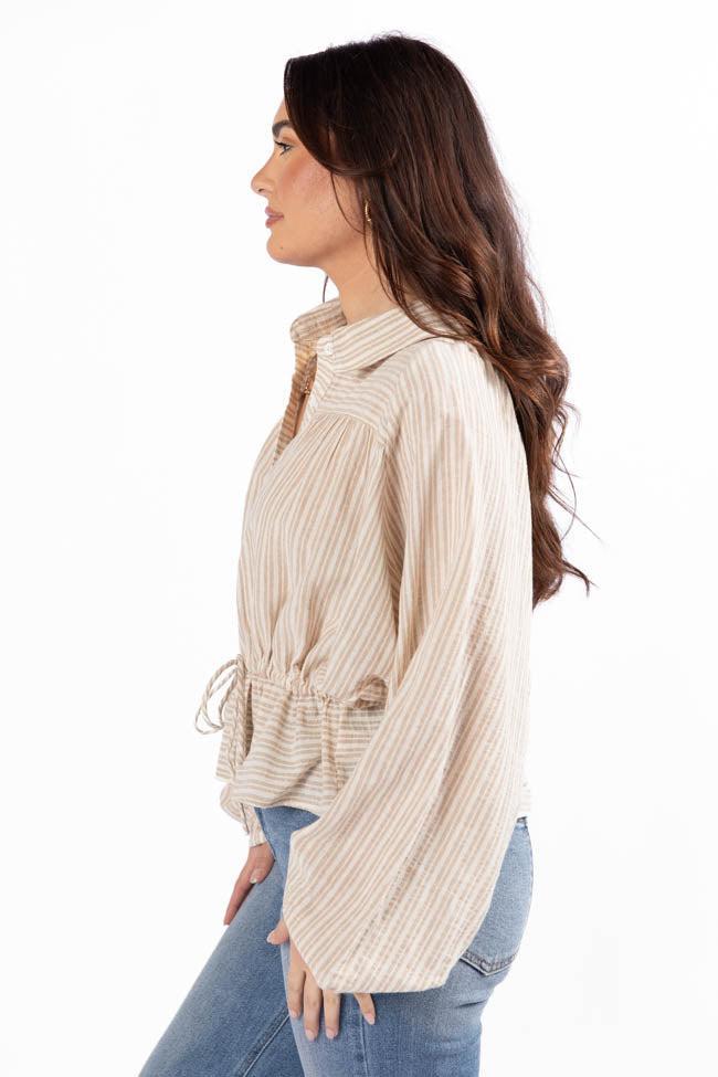 My Hands Are Tied Taupe Striped Drawstring Button Down Blouse SALE Product Image