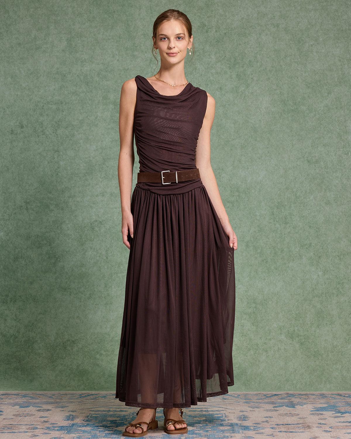 Brown Cowl Neck Belt Sleeveless Maxi Dress Product Image