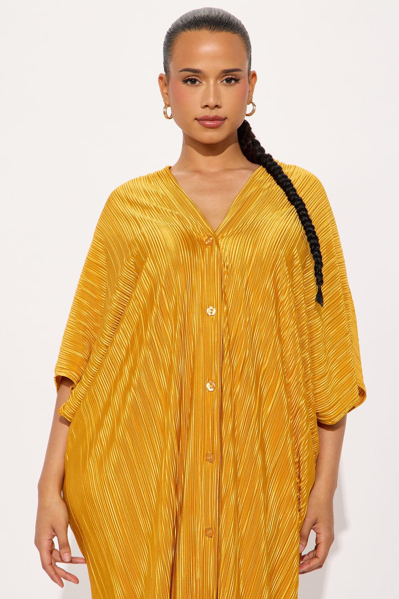 Isa Plisse Maxi Shirt Dress - Mustard Product Image