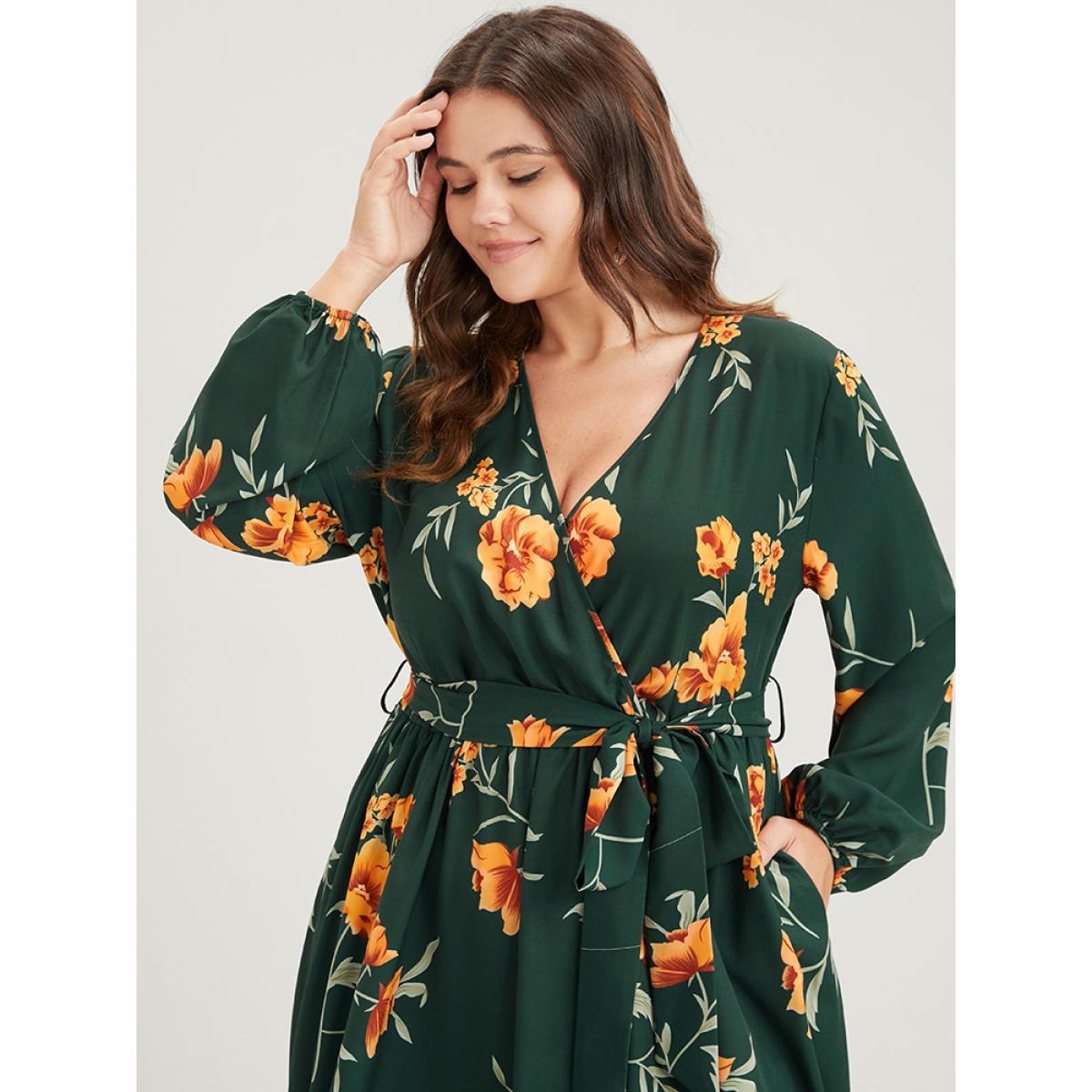 Plus Size Floral Pocket Lantern Sleeve Flutter Split Hem Ties Wrap Dress DarkGreen Women Elegant Cross straps V-neck Long Sleeve Curvy Midi Dress BloomChic 26/4X Product Image