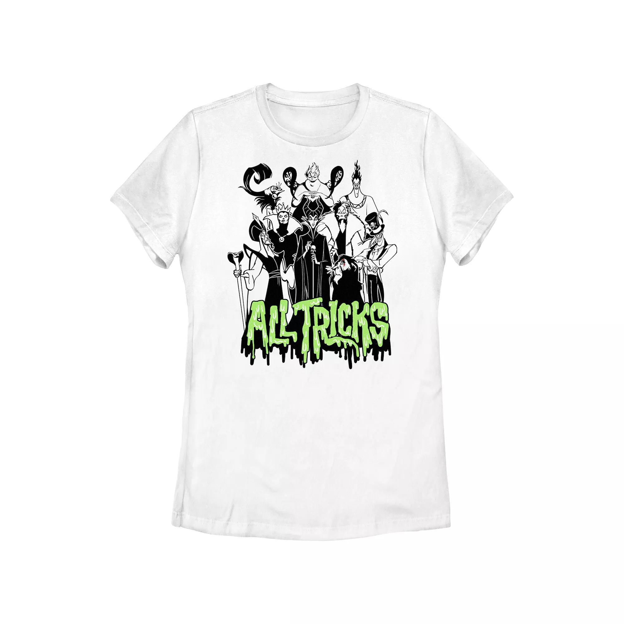 Disney Villains Lineup All Tricks Juniors' Graphic Tee, Girl's, Size: Large, White Product Image