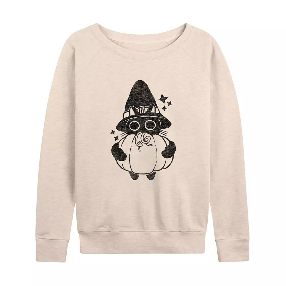 Womens Witch Cat With Pumpkin Halloween French Terry Long Sleeve Tee Grey Green Product Image
