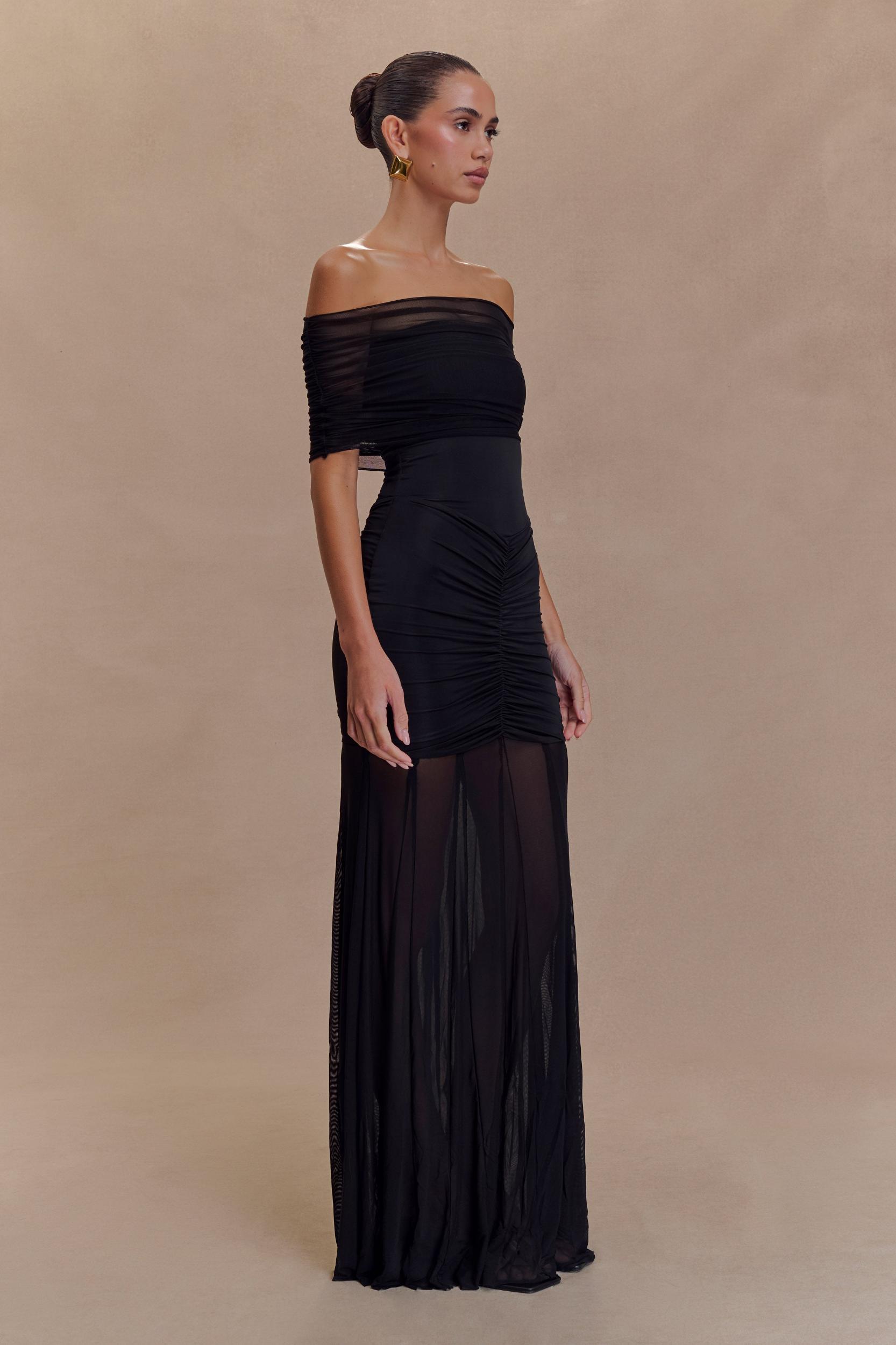 Caspian Slinky And Mesh Off Shoulder Maxi Dress - Black Product Image