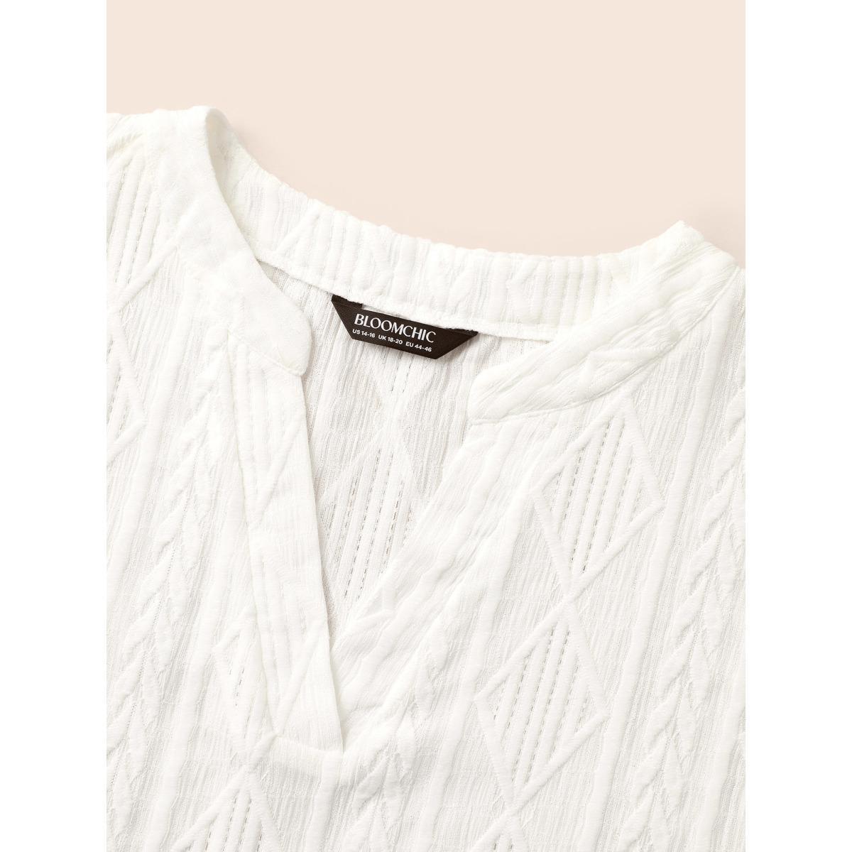 Plus Size Plain Jacquard Notched Dolman Sleeve T-shirt Ivory Women Elegant Texture Flat collar with V-notch Everyday T-shirts BloomChic 12/L Product Image