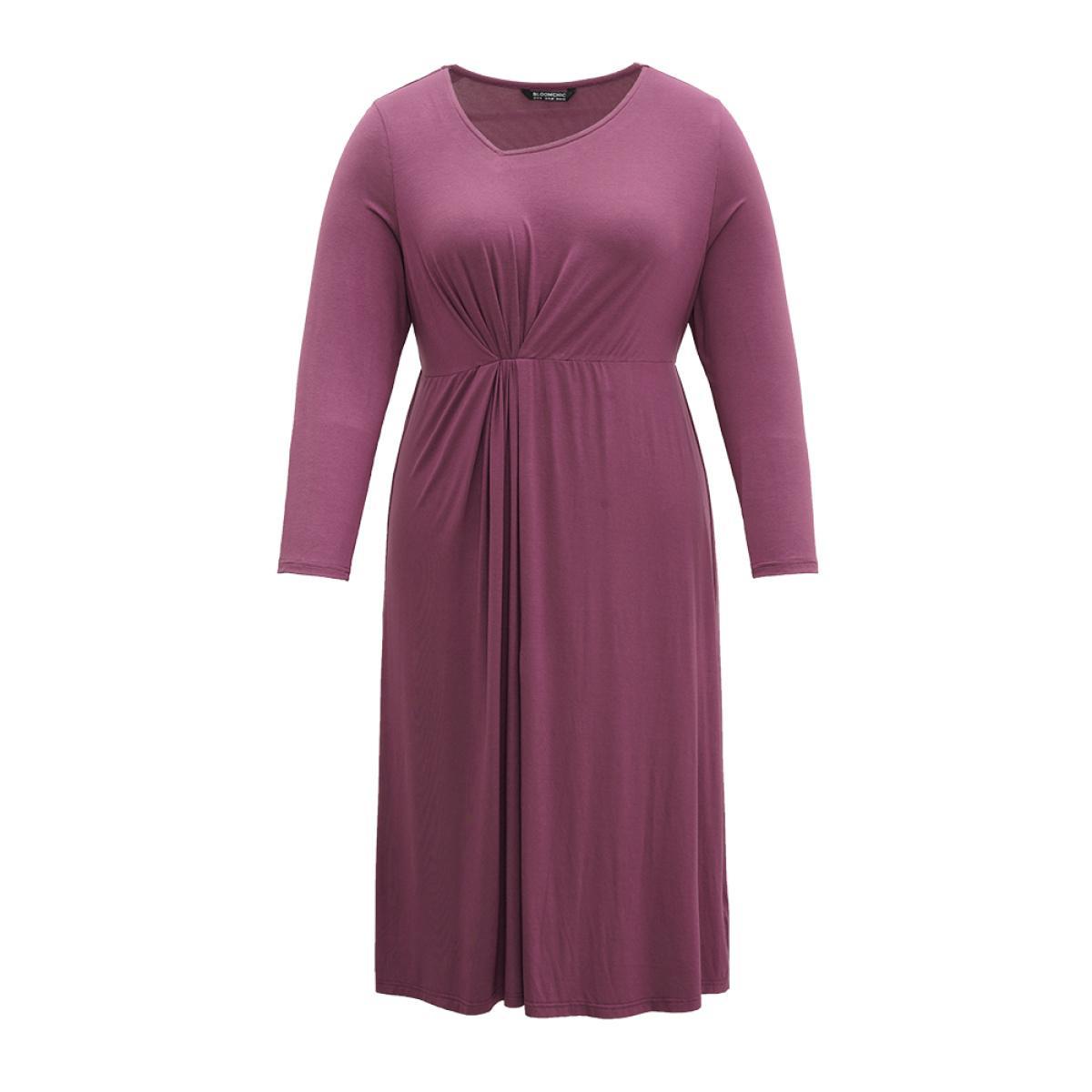Plus Size Solid Twist Front Gathered Split Hem Dress Mauve Women Office Plain Asymmetrical Neck Long Sleeve Curvy Midi Dress BloomChic 18-20/2X Product Image