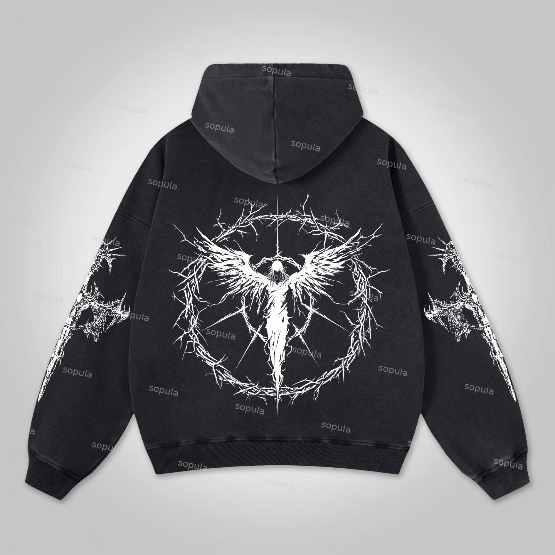 Sopula Vintage Angels Descend Cross Graphic Washed Distressed Pocket Hoodie Product Image