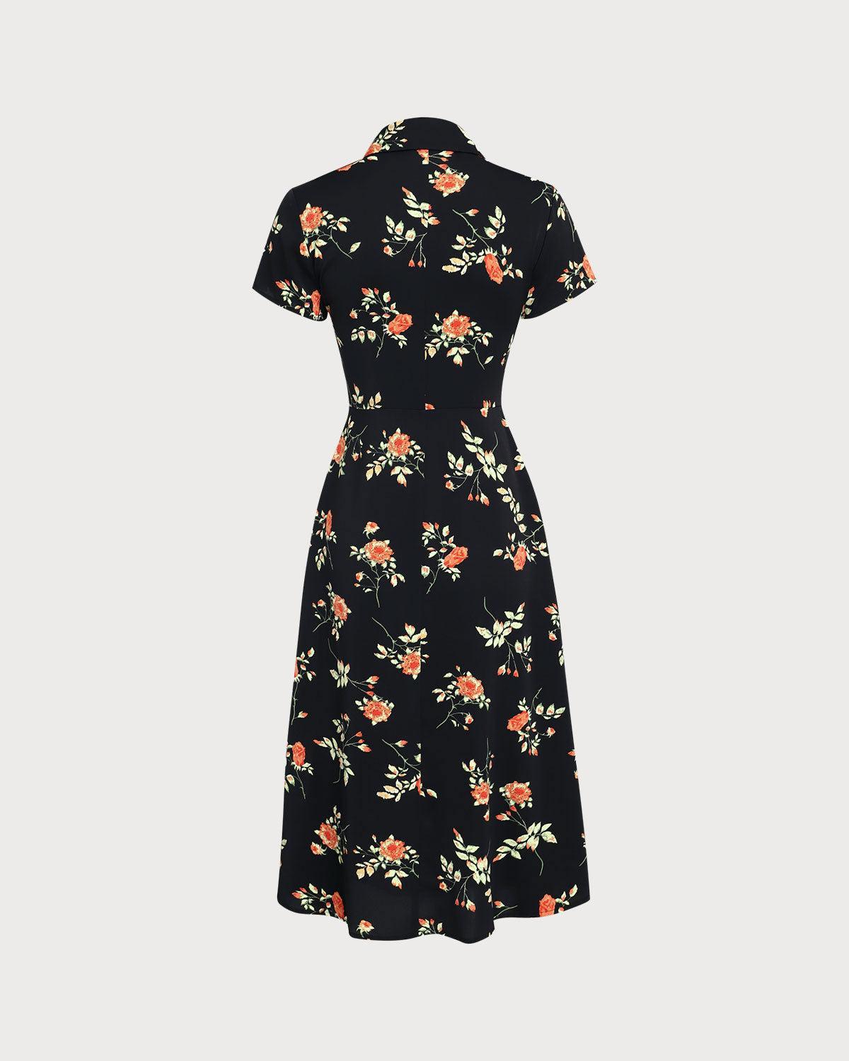 Black Floral Button A-Line Midi Dress Product Image