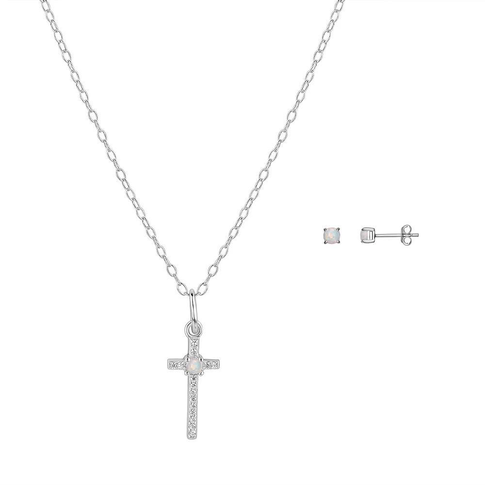 PRIMROSE Sterling Silver White Opal & Cubic Zirconia Cross Pendant & Stud Earring Set, Womens Sterling And White Product Image