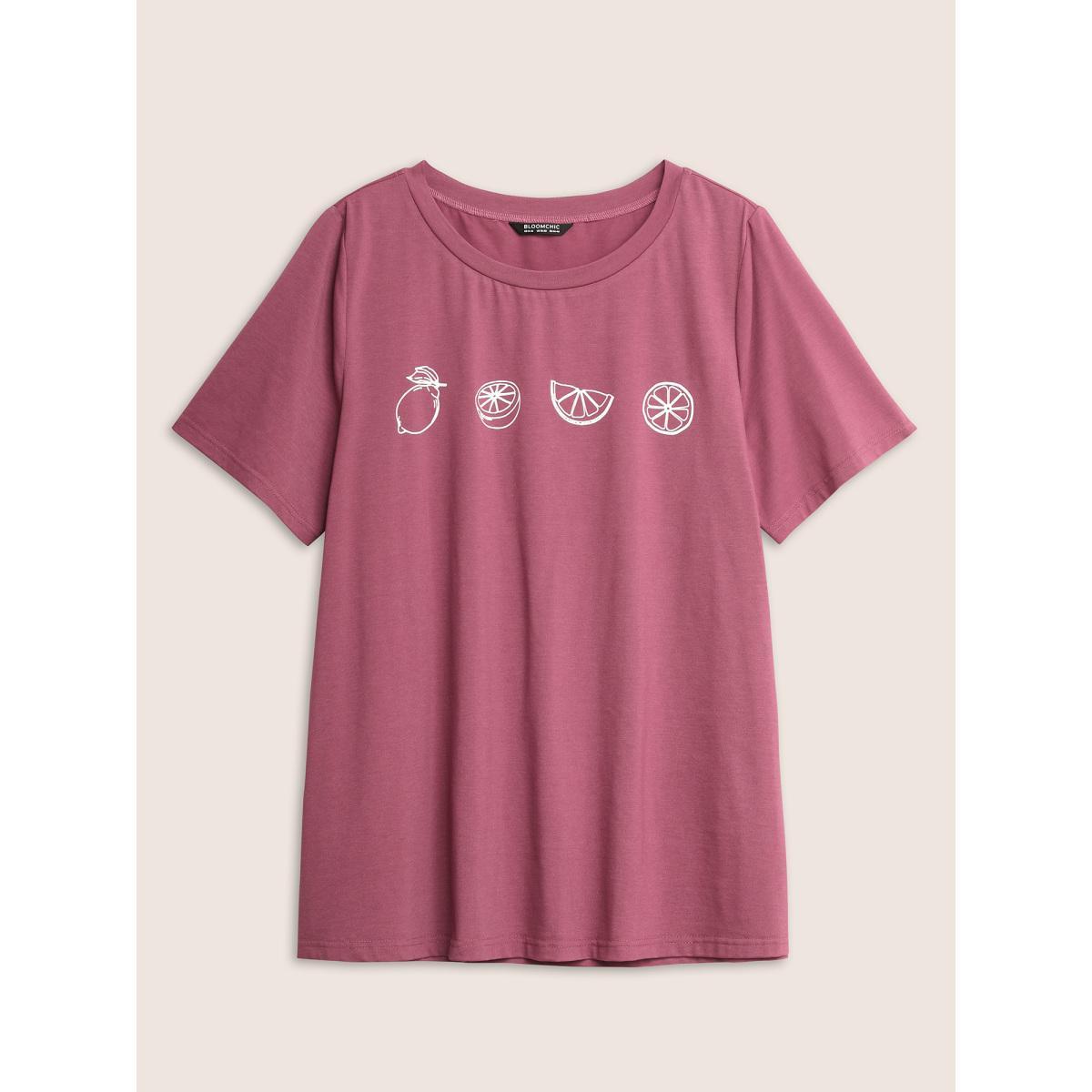 Plus Size Plain Lemon Print Crew Neck T-shirt DustyPink Women Resort Fruit Vacation T-shirts BloomChic 28/5X Product Image