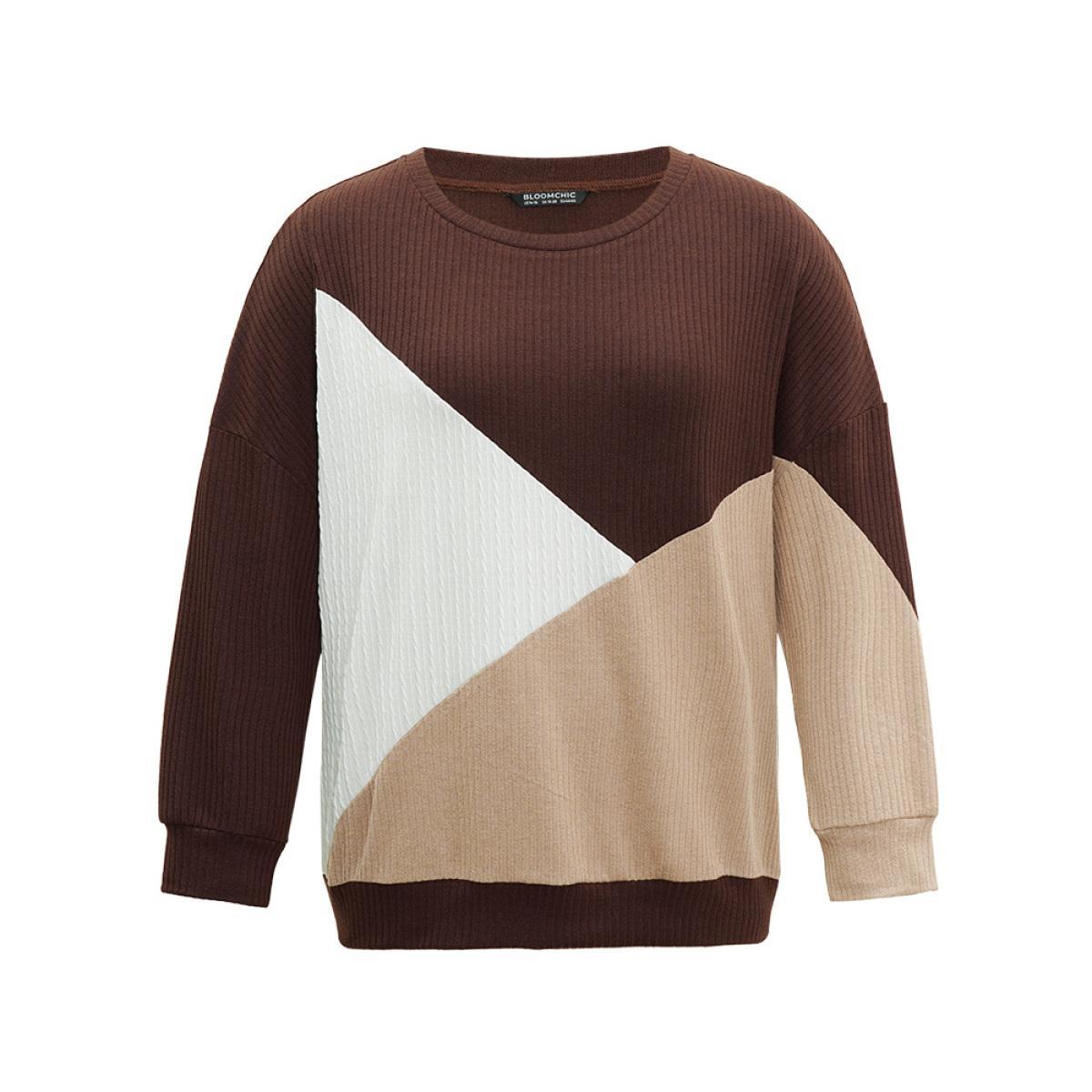 Plus Size Rib Knit Colorblock Contrast Drop Shoulder Sweatshirt Women Multicolor Casual Texture Round Neck Dailywear Sweatshirts BloomChic 14-16/1X Product Image