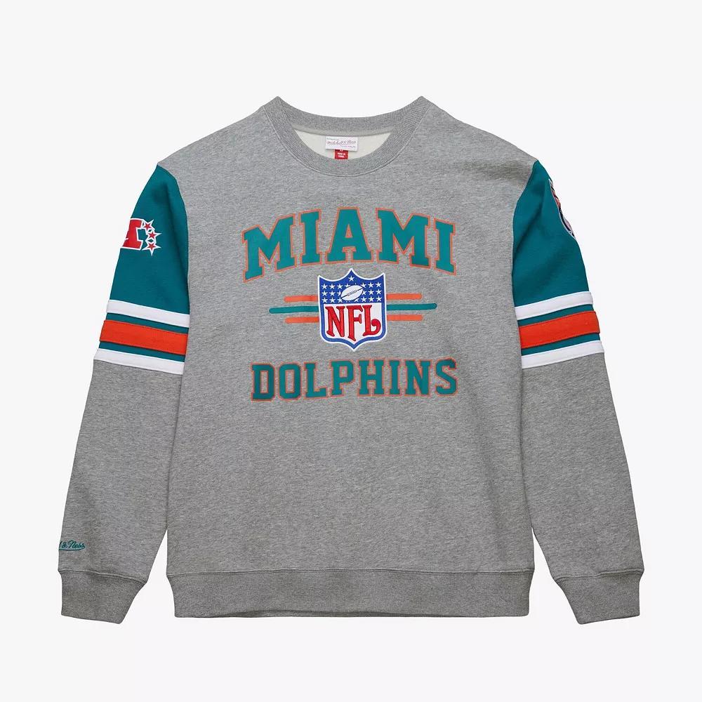 Men's Mitchell & Ness Heather Gray Miami Dolphins All Over 4.0 Vintage Logo Pullover Sweatshirt, Size: 2XL, Grey Product Image