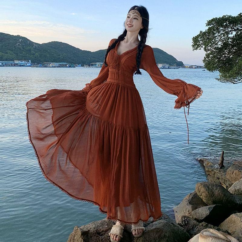 Long-Sleeve V-Neck Plain Lace Trim Maxi A-Line Dress Product Image