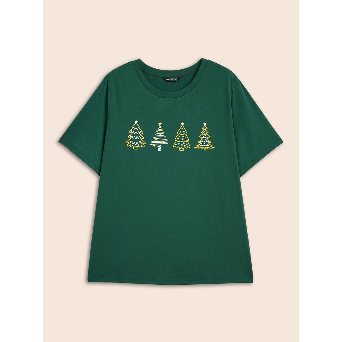 Plus Size Shimmering Trees Half Sleeves Slim-Fit Tee DarkGreen Women Casual Non Christmas Round Neck Everyday T-shirts BloomChic 18-20/2X Product Image