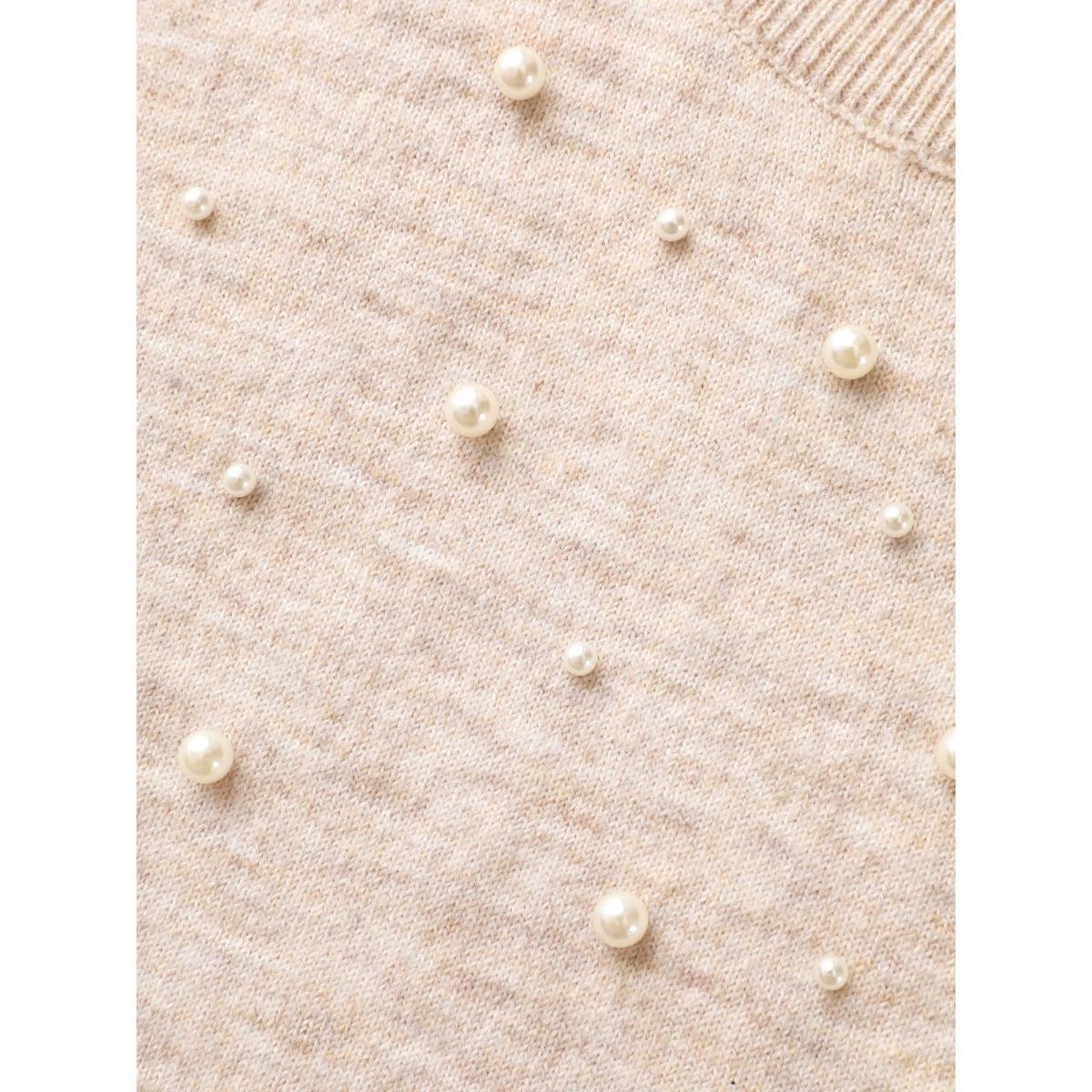 Plus Size Round Neck Pearl Beaded Pullover Apricot Women Casual Long Sleeve Round Neck Everyday Pullovers BloomChic 12/L Product Image